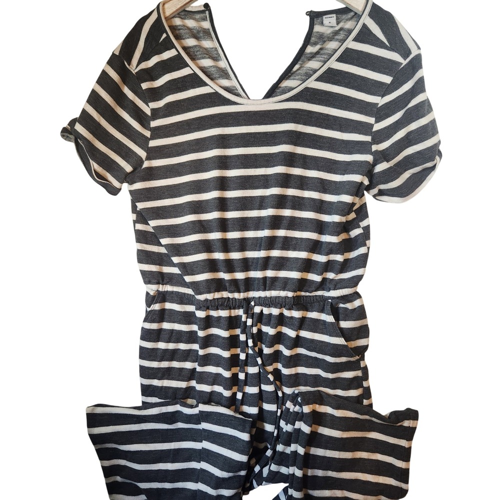 Old Navy Striped Short Sleeve Jumpsuit Gray White XL Pocket Drawstring Waist